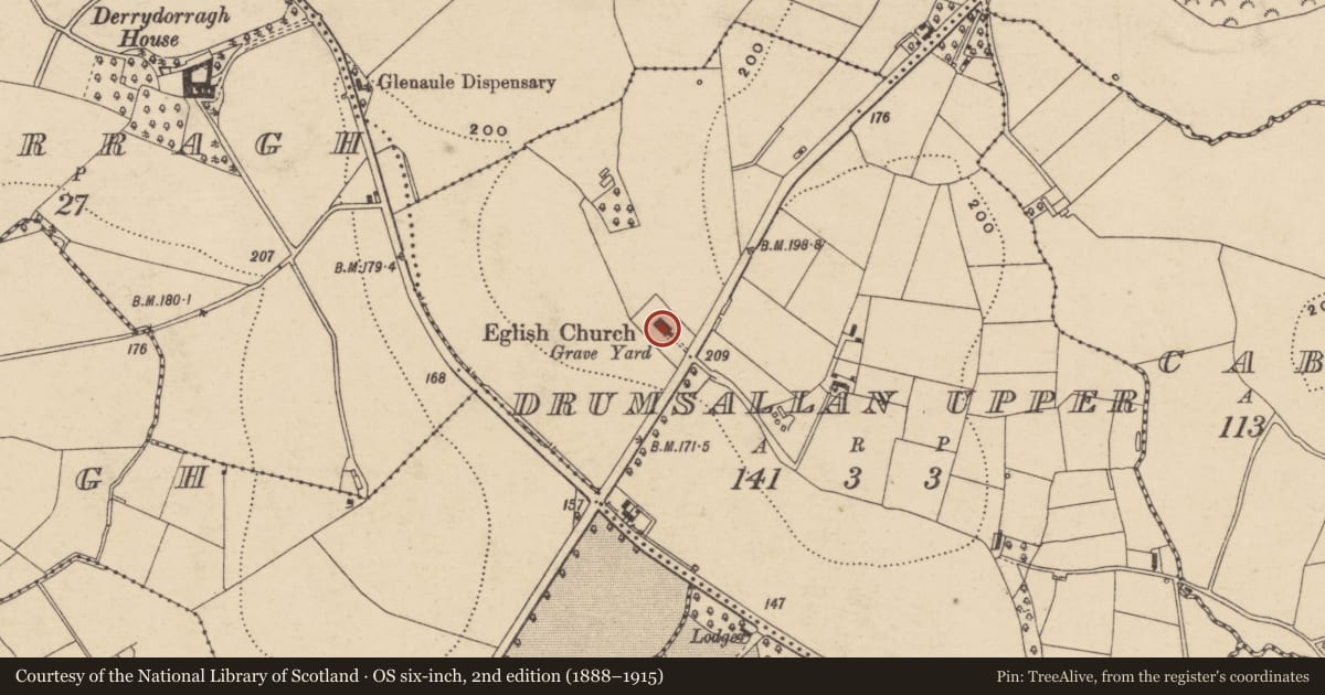Ordnance Survey six-inch map, 2nd edition (1888–1915) covering the location of Holy Trinity Parish Church, Armagh City, Banbridge and Craigavon, with a pin at the register's coordinates