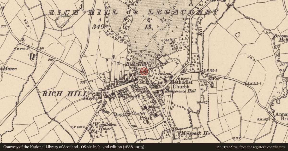 Ordnance Survey six-inch map, 2nd edition (1888–1915) covering the location of The Castle (Aka Richhill House), Armagh City, Banbridge and Craigavon, with a pin at the register's coordinates