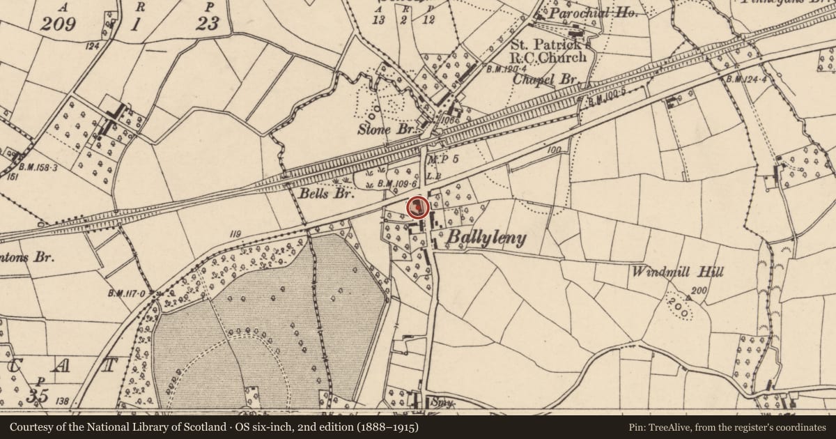 Ordnance Survey six-inch map, 2nd edition (1888–1915) covering the location of Ballyleny House, Armagh City, Banbridge and Craigavon, with a pin at the register's coordinates
