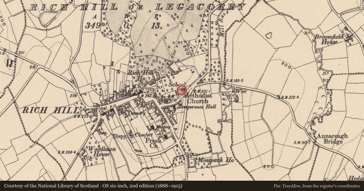 Ordnance Survey six-inch map, 2nd edition (1888–1915) covering the location of Methodist Church, Armagh City, Banbridge and Craigavon, with a pin at the register's coordinates