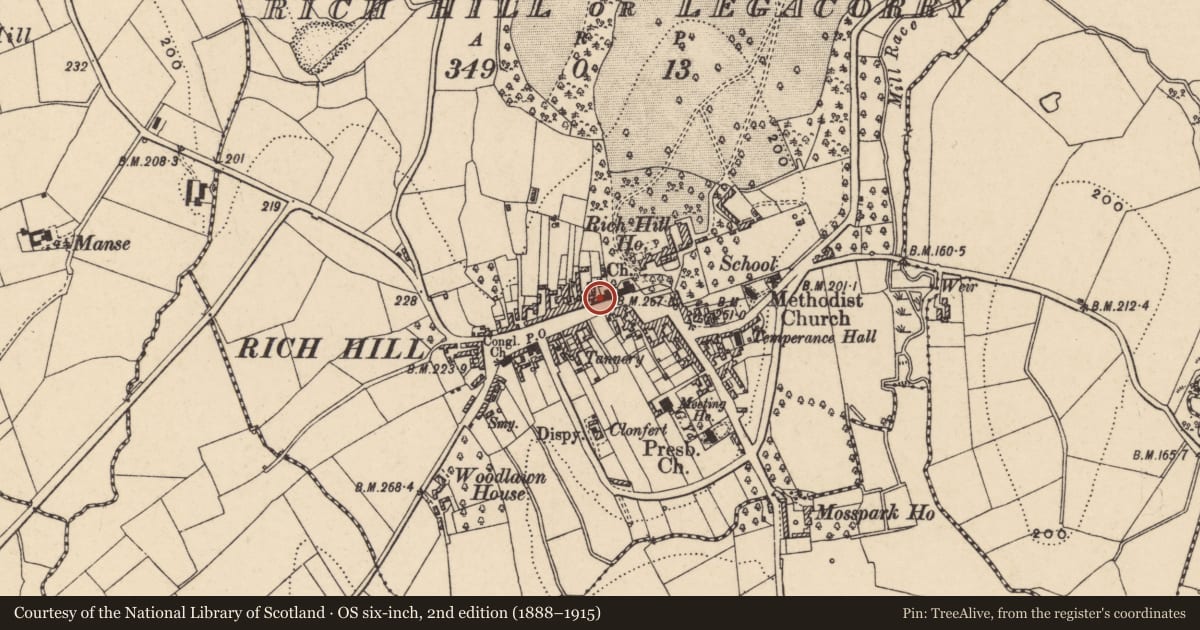 Ordnance Survey six-inch map, 2nd edition (1888–1915) covering the location of 40 Main St., Armagh City, Banbridge and Craigavon, with a pin at the register's coordinates