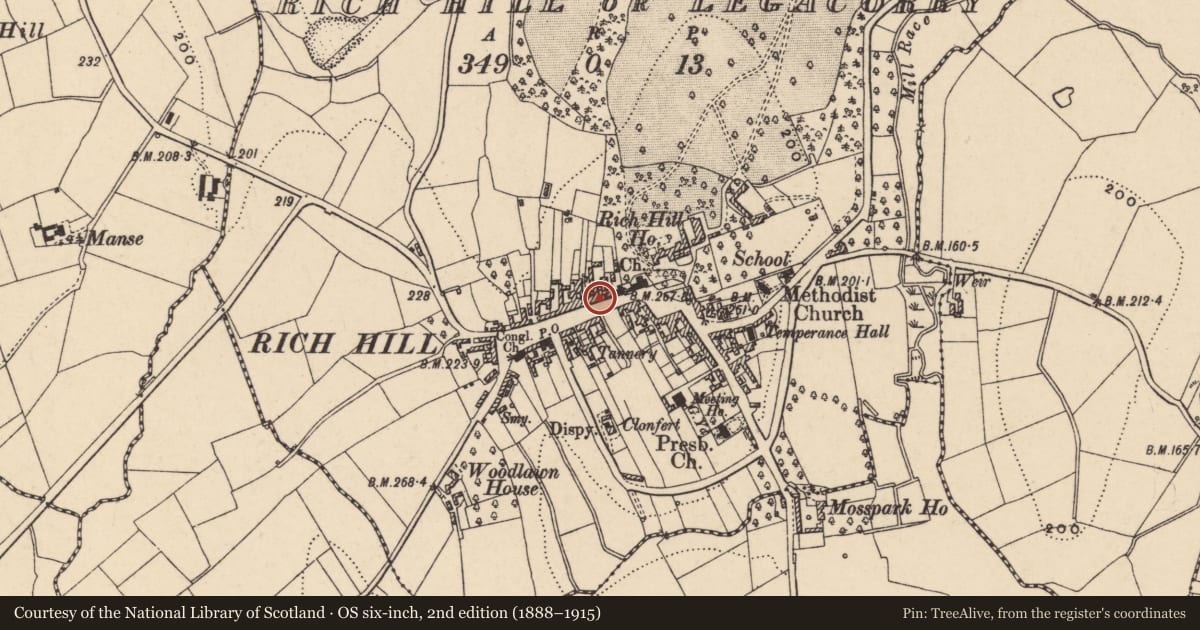Ordnance Survey six-inch map, 2nd edition (1888–1915) covering the location of 36 Main St., Armagh City, Banbridge and Craigavon, with a pin at the register's coordinates