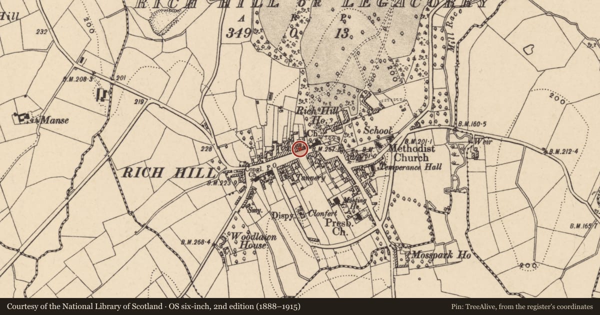 Ordnance Survey six-inch map, 2nd edition (1888–1915) covering the location of 38 Main Street, Legacorry, Armagh City, Banbridge and Craigavon, with a pin at the register's coordinates