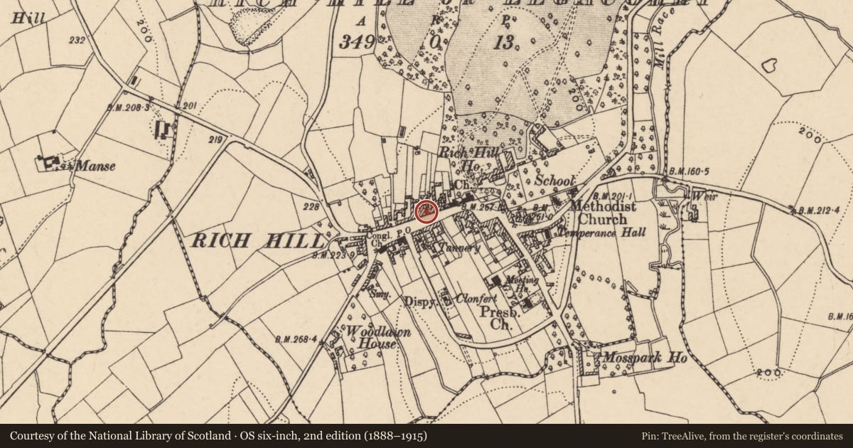 Ordnance Survey six-inch map, 2nd edition (1888–1915) covering the location of 30 Main St., Armagh City, Banbridge and Craigavon, with a pin at the register's coordinates