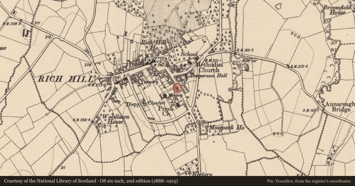 Ordnance Survey six-inch map, 2nd edition (1888–1915) covering the location of The Pallisading, Armagh City, Banbridge and Craigavon, with a pin at the register's coordinates
