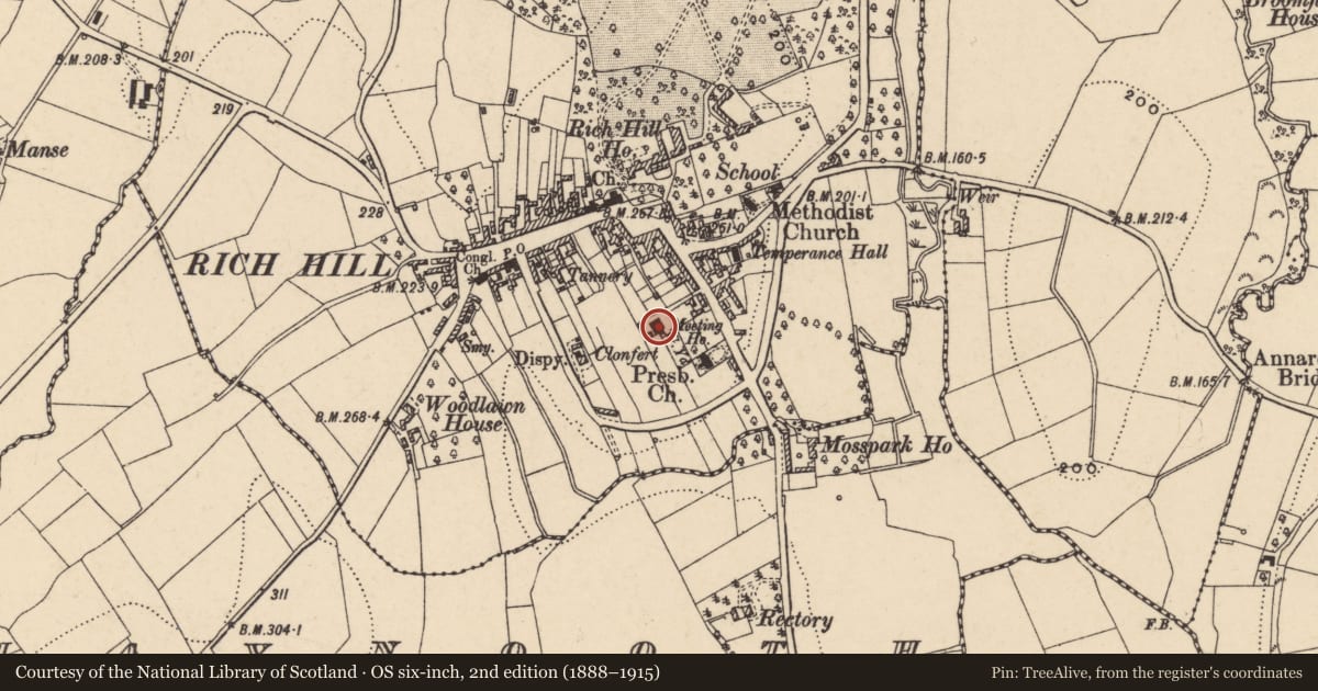 Ordnance Survey six-inch map, 2nd edition (1888–1915) covering the location of Friends Meeting House, Armagh City, Banbridge and Craigavon, with a pin at the register's coordinates