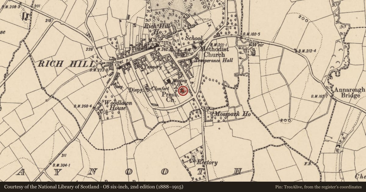 Ordnance Survey six-inch map, 2nd edition (1888–1915) covering the location of Presbyterian Church, Armagh City, Banbridge and Craigavon, with a pin at the register's coordinates