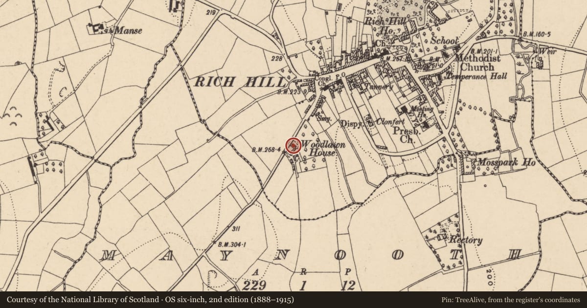 Ordnance Survey six-inch map, 2nd edition (1888–1915) covering the location of Woodlawn House, Armagh City, Banbridge and Craigavon, with a pin at the register's coordinates
