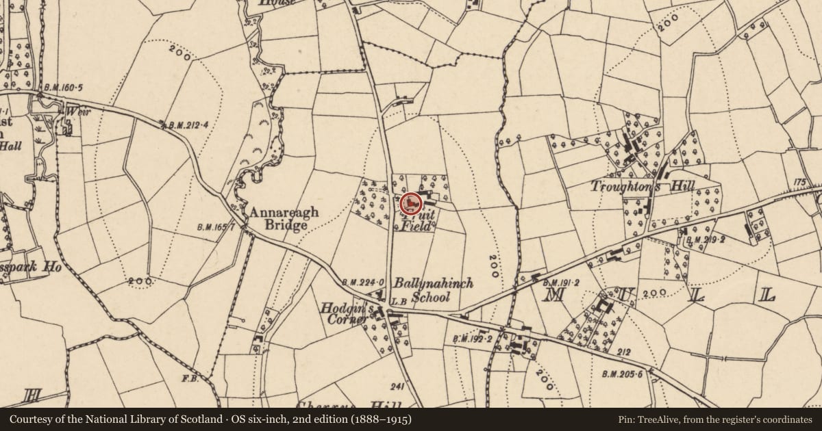 Ordnance Survey six-inch map, 2nd edition (1888–1915) covering the location of Fruit Field, Armagh City, Banbridge and Craigavon, with a pin at the register's coordinates