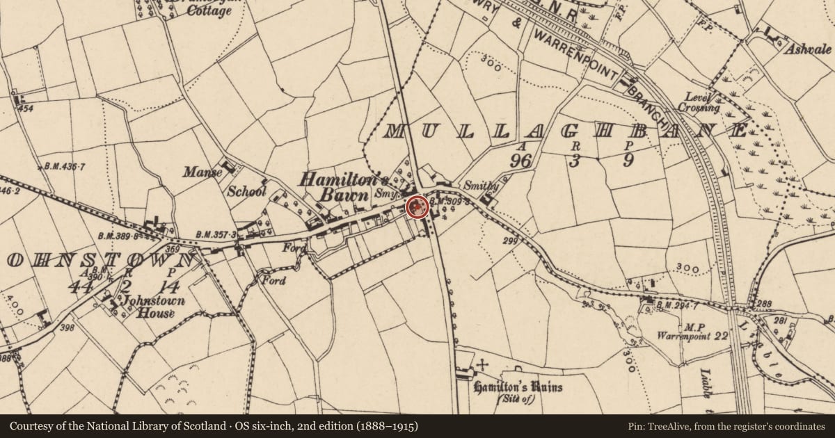 Ordnance Survey six-inch map, 2nd edition (1888–1915) covering the location of 2 Main St., Armagh City, Banbridge and Craigavon, with a pin at the register's coordinates