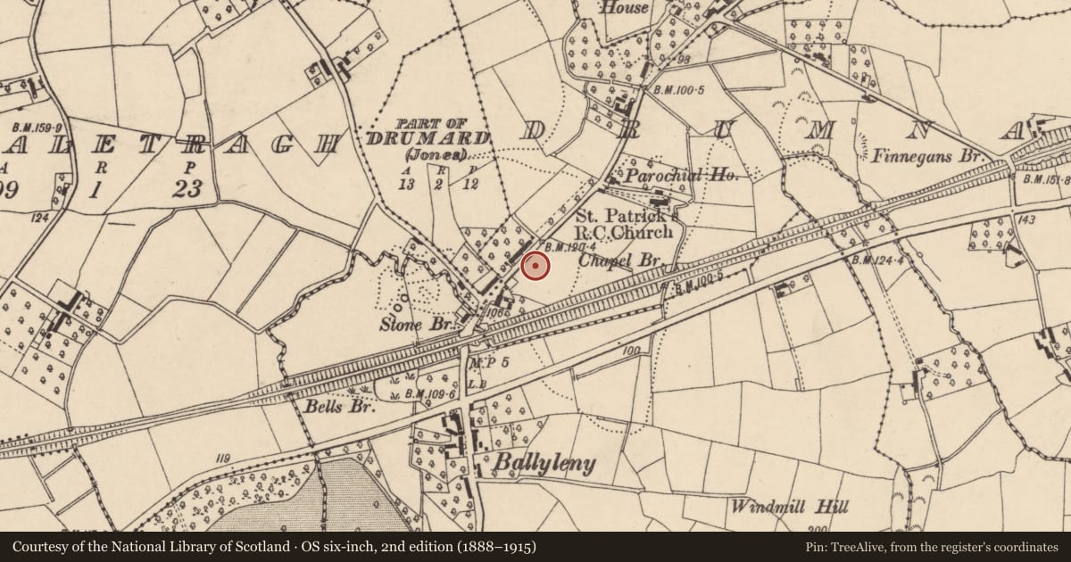Ordnance Survey six-inch map, 2nd edition (1888–1915) covering the location of Stonebridge Furniture factory 122 Battlehill Road Richhill Co Armagh BT61 8QJ, Drumnahunshin, Armagh City, Banbridge and Craigavon, with a pin at the register's coordinates
