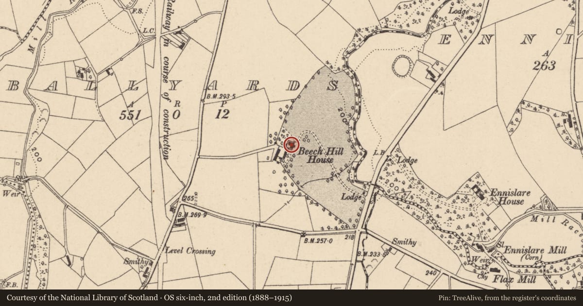 Ordnance Survey six-inch map, 2nd edition (1888–1915) covering the location of Beech Hill House, Armagh City, Banbridge and Craigavon, with a pin at the register's coordinates