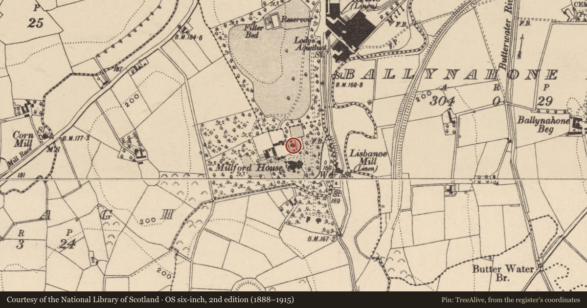 Ordnance Survey six-inch map, 2nd edition (1888–1915) covering the location of Pavilion, Enagh, Armagh City, Banbridge and Craigavon, with a pin at the register's coordinates
