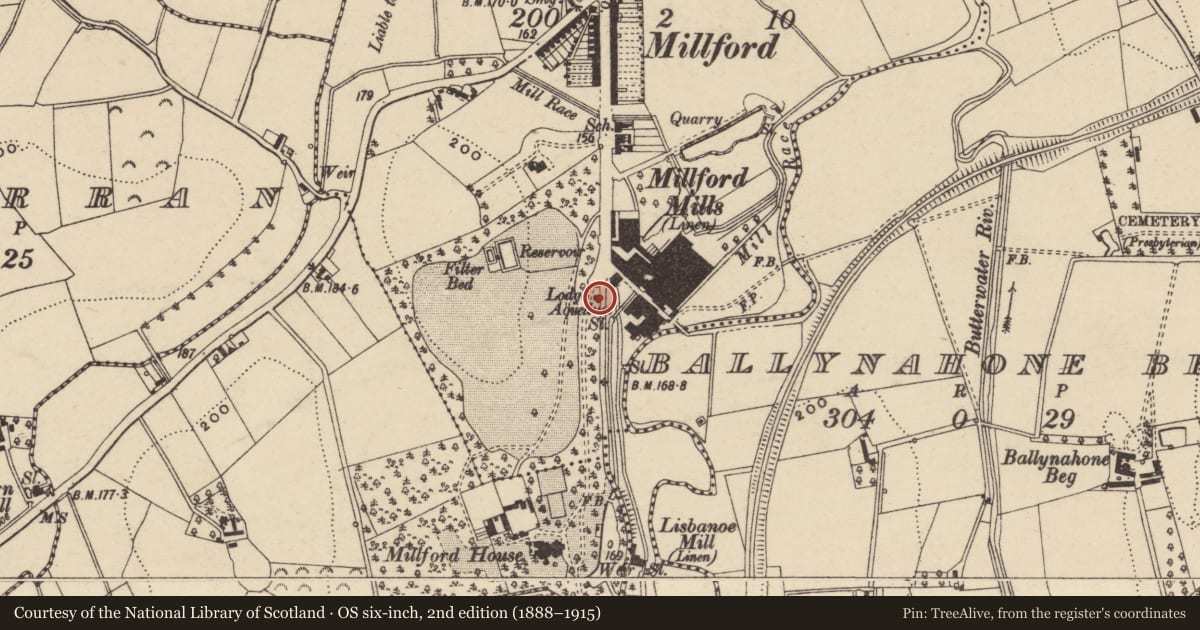 Ordnance Survey six-inch map, 2nd edition (1888–1915) covering the location of Gate Lodge at Milford Manor House, 3 Ballyards Road, Milford, Co Armagh, BT60 3NS, Baltavarran, Armagh City, Banbridge and Craigavon, with a pin at the register's coordinates
