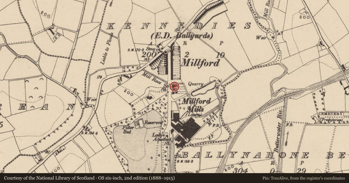 Ordnance Survey six-inch map, 2nd edition (1888–1915) covering the location of Milford County Primary School, Armagh City, Banbridge and Craigavon, with a pin at the register's coordinates