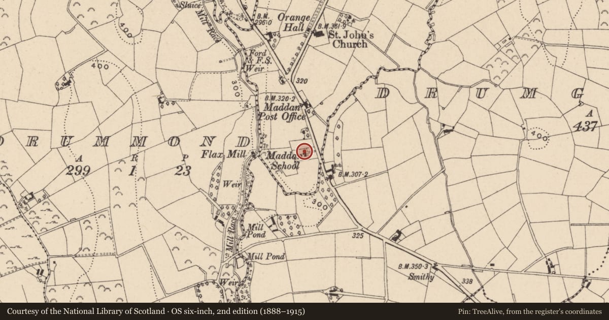 Ordnance Survey six-inch map, 2nd edition (1888–1915) covering the location of Former Madden County Primary School (Now Parish Hall), Armagh City, Banbridge and Craigavon, with a pin at the register's coordinates