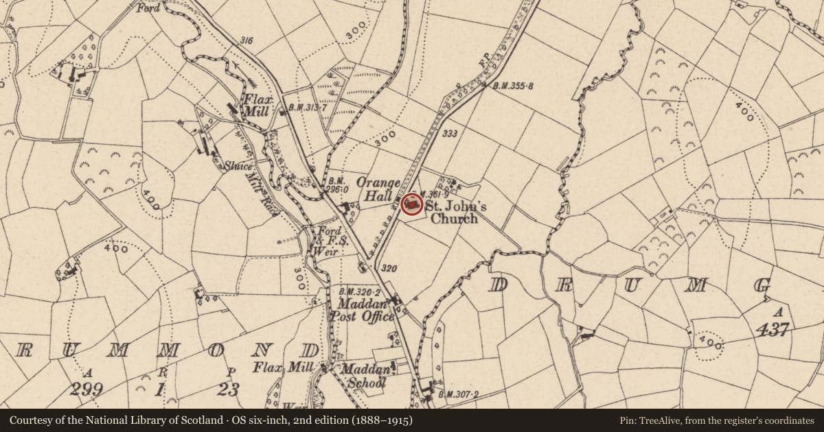 Ordnance Survey six-inch map, 2nd edition (1888–1915) covering the location of St.john'S Church (C OF I), Armagh City, Banbridge and Craigavon, with a pin at the register's coordinates