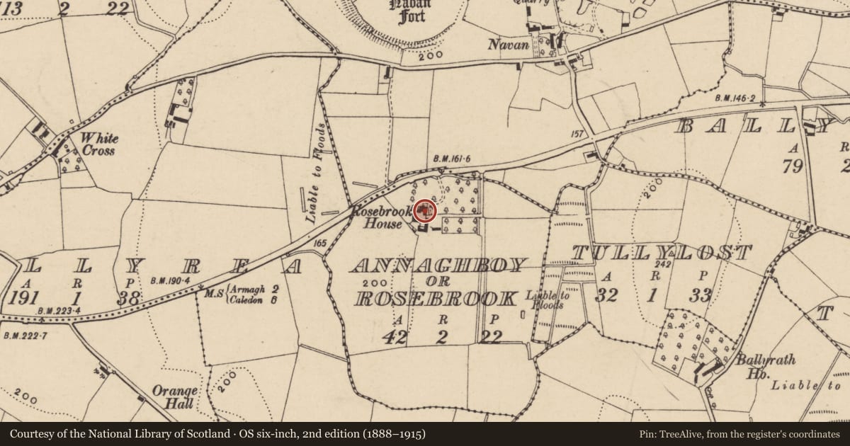 Ordnance Survey six-inch map, 2nd edition (1888–1915) covering the location of Rosebrook House, Armagh City, Banbridge and Craigavon, with a pin at the register's coordinates