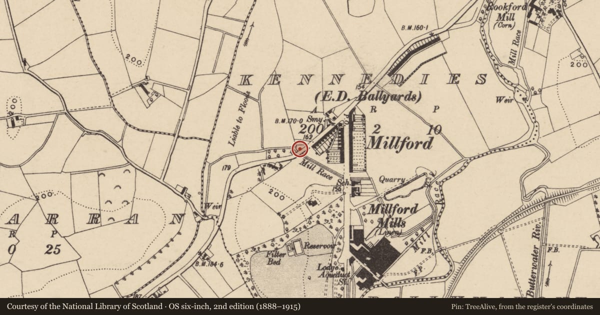 Ordnance Survey six-inch map, 2nd edition (1888–1915) covering the location of Milford Temperance and Benefit L.O.L. Hall, Kennedies, Armagh City, Banbridge and Craigavon, with a pin at the register's coordinates