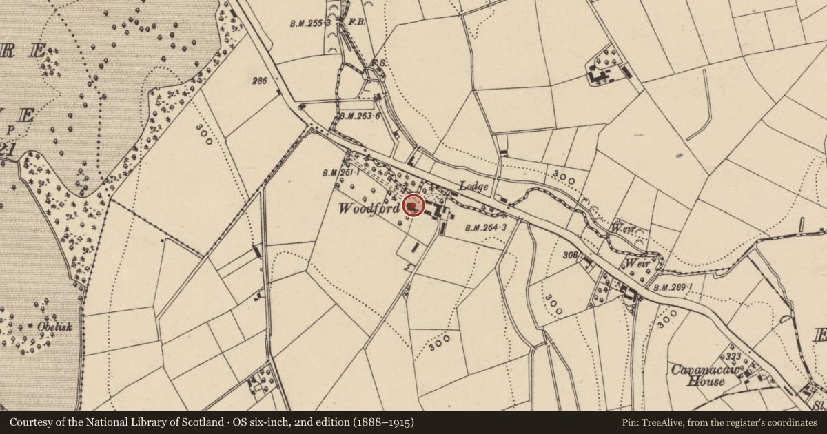Ordnance Survey six-inch map, 2nd edition (1888–1915) covering the location of Woodford House, Armagh City, Banbridge and Craigavon, with a pin at the register's coordinates