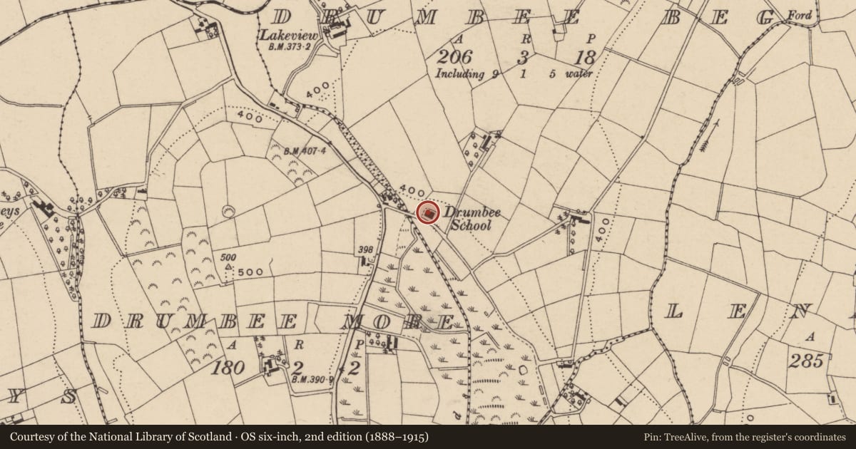 Ordnance Survey six-inch map, 2nd edition (1888–1915) covering the location of Former Drumbee National School House, Armagh City, Banbridge and Craigavon, with a pin at the register's coordinates
