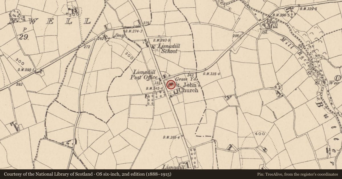 Ordnance Survey six-inch map, 2nd edition (1888–1915) covering the location of St. John'S Church (C OF I), Armagh City, Banbridge and Craigavon, with a pin at the register's coordinates