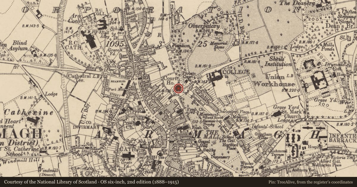 Ordnance Survey six-inch map, 2nd edition (1888–1915) covering the location of Court House, Armagh City, Banbridge and Craigavon, with a pin at the register's coordinates