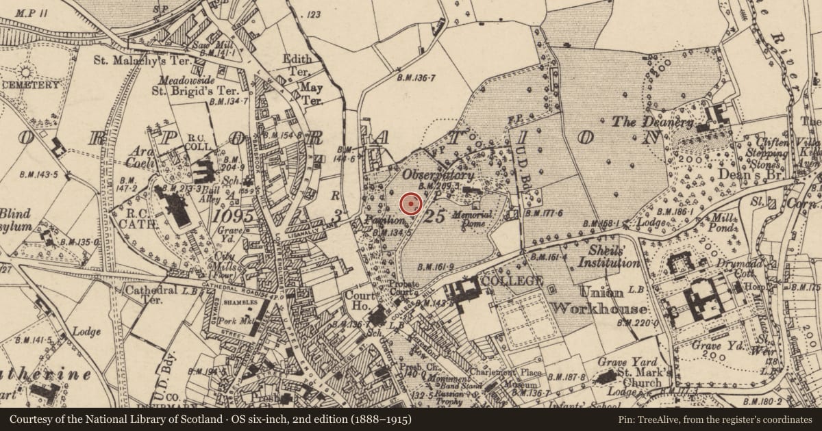 Ordnance Survey six-inch map, 2nd edition (1888–1915) covering the location of Gates/Screens/Lodges, Armagh City, Banbridge and Craigavon, with a pin at the register's coordinates