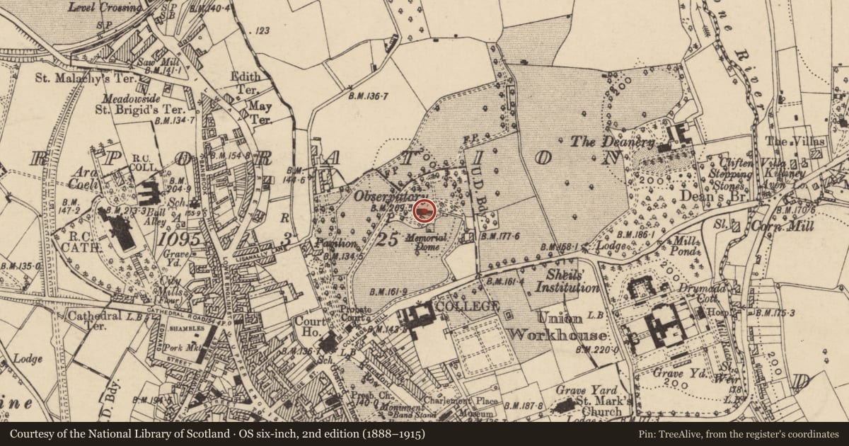 Ordnance Survey six-inch map, 2nd edition (1888–1915) covering the location of Armagh Observatory, Armagh City, Banbridge and Craigavon, with a pin at the register's coordinates