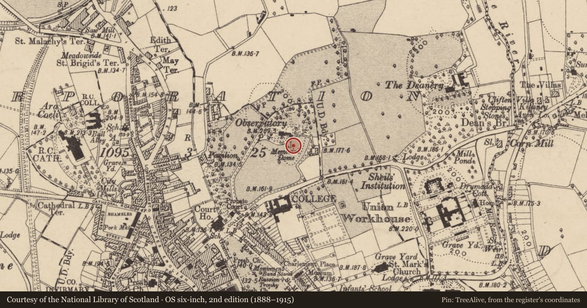 Ordnance Survey six-inch map, 2nd edition (1888–1915) covering the location of Romney Robinson Memorial Dome, Armagh City, Banbridge and Craigavon, with a pin at the register's coordinates