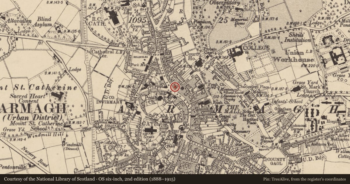 Ordnance Survey six-inch map, 2nd edition (1888–1915) covering the location of 45 Upper English St., Armagh City, Banbridge and Craigavon, with a pin at the register's coordinates