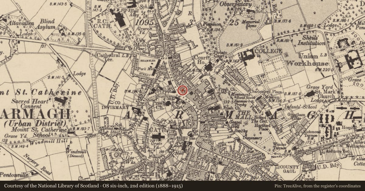 Ordnance Survey six-inch map, 2nd edition (1888–1915) covering the location of 47 Upper English St., Armagh City, Banbridge and Craigavon, with a pin at the register's coordinates