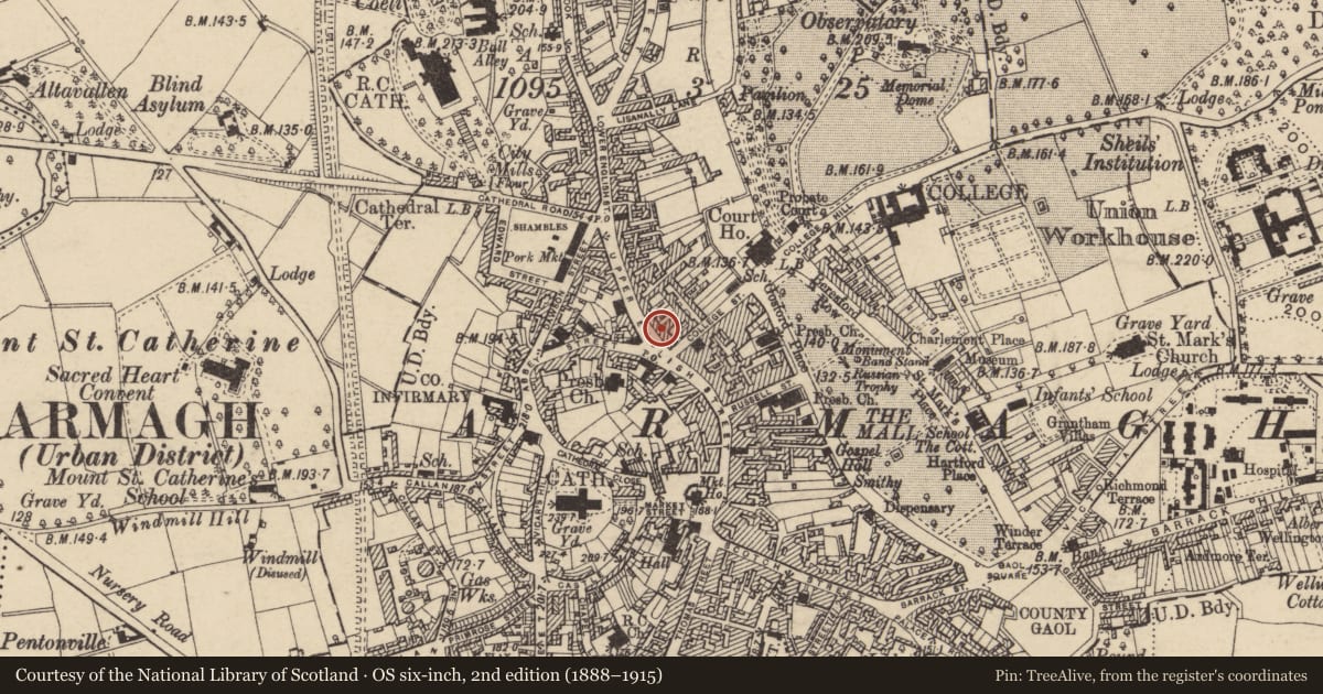 Ordnance Survey six-inch map, 2nd edition (1888–1915) covering the location of 49 Upper English St., Armagh City, Banbridge and Craigavon, with a pin at the register's coordinates