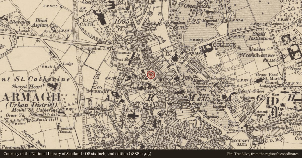 Ordnance Survey six-inch map, 2nd edition (1888–1915) covering the location of 51 Upper English St., Armagh City, Banbridge and Craigavon, with a pin at the register's coordinates
