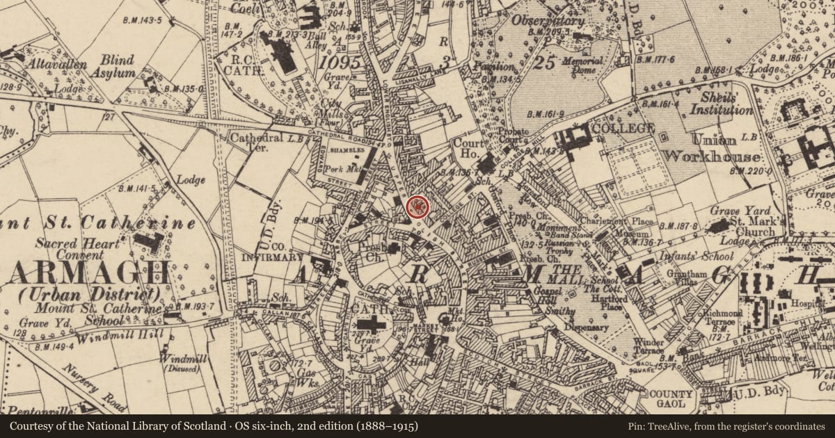 Ordnance Survey six-inch map, 2nd edition (1888–1915) covering the location of 53 Upper English St., Armagh City, Banbridge and Craigavon, with a pin at the register's coordinates