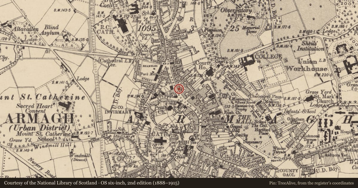 Ordnance Survey six-inch map, 2nd edition (1888–1915) covering the location of 55 Upper English St., Armagh City, Banbridge and Craigavon, with a pin at the register's coordinates