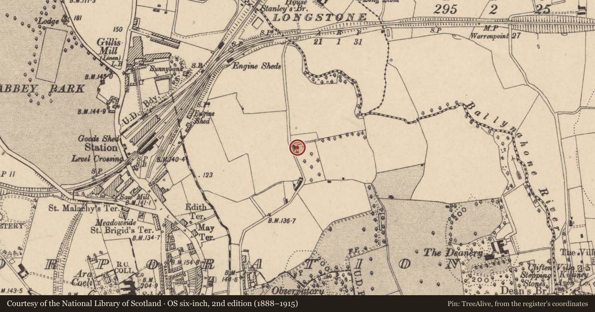 Ordnance Survey six-inch map, 2nd edition (1888–1915) covering the location of Stone Cottage, Armagh City, Banbridge and Craigavon, with a pin at the register's coordinates