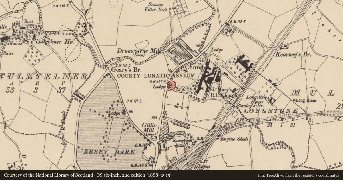 Ordnance Survey six-inch map, 2nd edition (1888–1915) covering the location of Gate Lodge, Corporation, Armagh City, Banbridge and Craigavon, with a pin at the register's coordinates