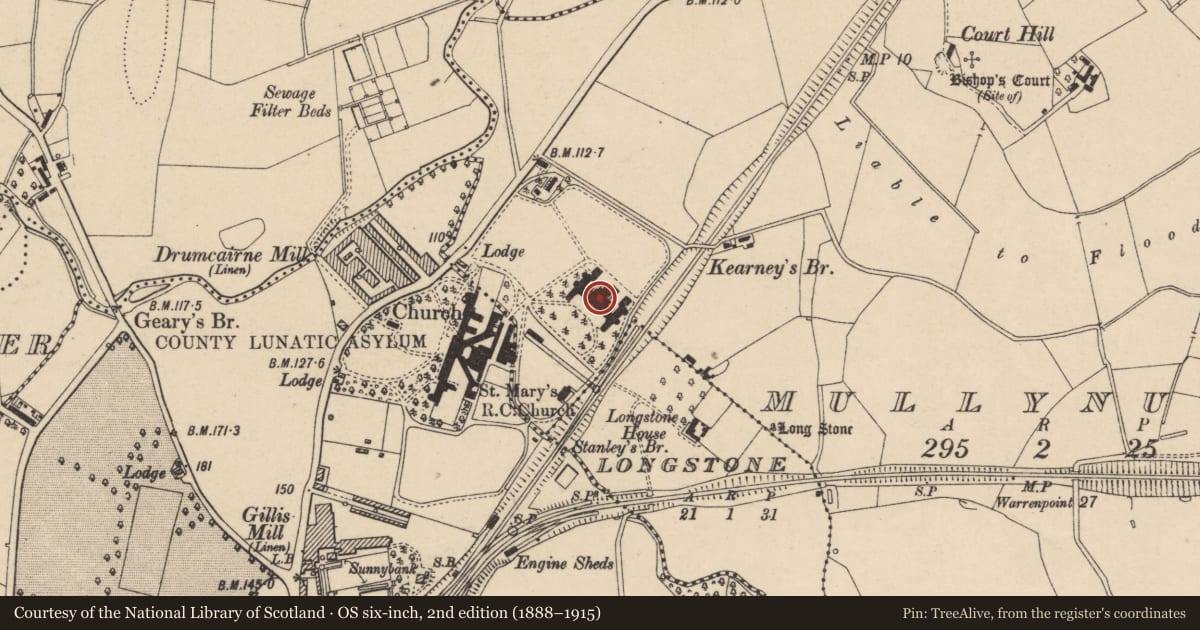 Ordnance Survey six-inch map, 2nd edition (1888–1915) covering the location of The Hill Block Of St. Luke'S Hospital, Armagh City, Banbridge and Craigavon, with a pin at the register's coordinates