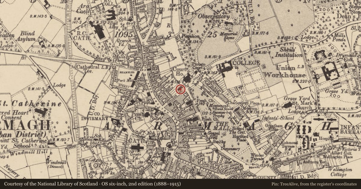 Ordnance Survey six-inch map, 2nd edition (1888–1915) covering the location of First Presbyterian Church Lecture Hall, Armagh City, Banbridge and Craigavon, with a pin at the register's coordinates