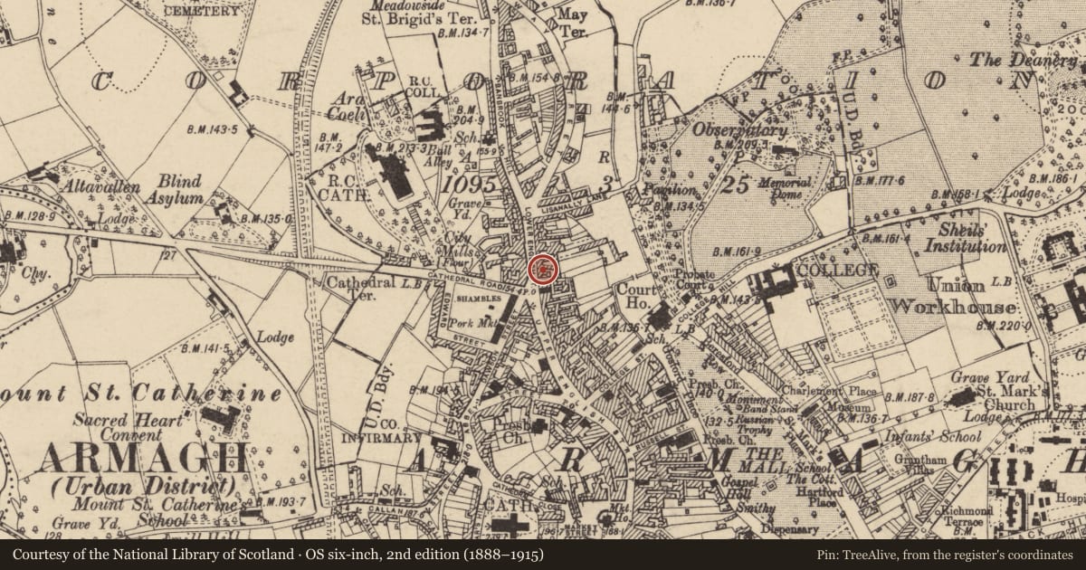Ordnance Survey six-inch map, 2nd edition (1888–1915) covering the location of 15 Lower English St., Armagh City, Banbridge and Craigavon, with a pin at the register's coordinates