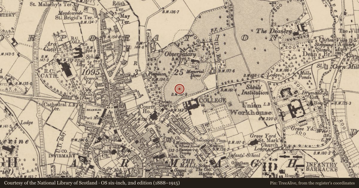 Ordnance Survey six-inch map, 2nd edition (1888–1915) covering the location of Armstrong Primary School, Armagh City, Banbridge and Craigavon, with a pin at the register's coordinates