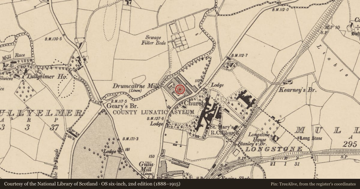 Ordnance Survey six-inch map, 2nd edition (1888–1915) covering the location of Former Drumcairne Mill, Corporation Armagh, Armagh City, Banbridge and Craigavon, with a pin at the register's coordinates