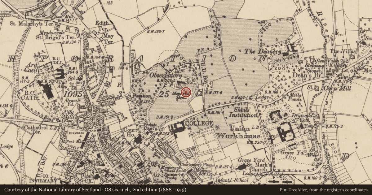 Ordnance Survey six-inch map, 2nd edition (1888–1915) covering the location of Buildings at Planetarium, with a pin at the register's coordinates