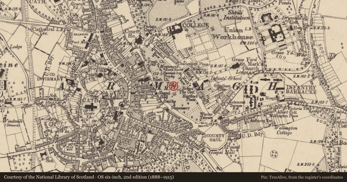 Ordnance Survey six-inch map, 2nd edition (1888–1915) covering the location of Boundary Wall Enclosing The Inner Mall, Armagh City, Banbridge and Craigavon, with a pin at the register's coordinates