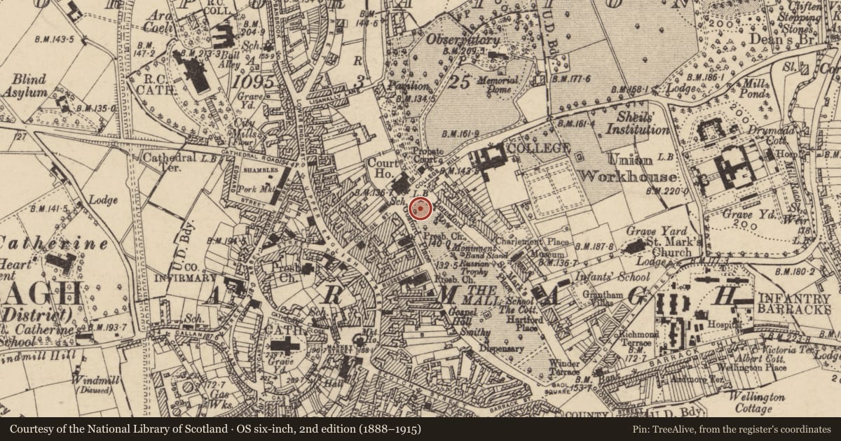 Ordnance Survey six-inch map, 2nd edition (1888–1915) covering the location of Great War Memorial, Armagh City, Banbridge and Craigavon, with a pin at the register's coordinates