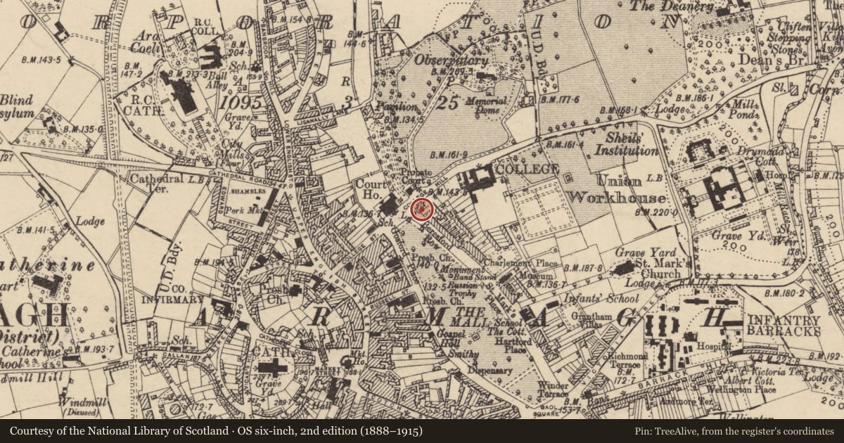 Ordnance Survey six-inch map, 2nd edition (1888–1915) covering the location of Sovereign'S House, Armagh City, Banbridge and Craigavon, with a pin at the register's coordinates