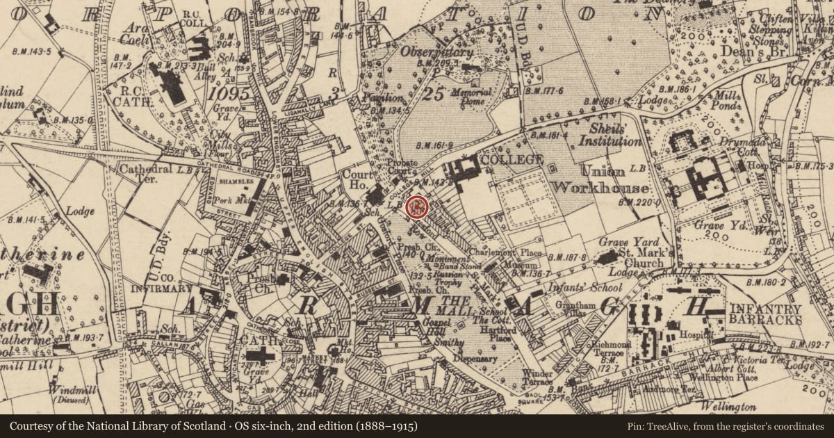 Ordnance Survey six-inch map, 2nd edition (1888–1915) covering the location of 2 Beresford Row, Armagh City, Banbridge and Craigavon, with a pin at the register's coordinates