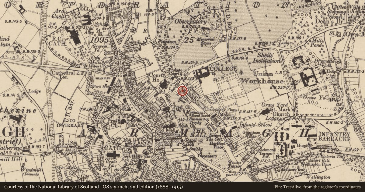 Ordnance Survey six-inch map, 2nd edition (1888–1915) covering the location of 3 Beresford Row, Armagh City, Banbridge and Craigavon, with a pin at the register's coordinates