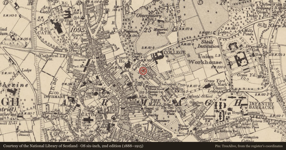 Ordnance Survey six-inch map, 2nd edition (1888–1915) covering the location of 4 Beresford Row, Armagh City, Banbridge and Craigavon, with a pin at the register's coordinates
